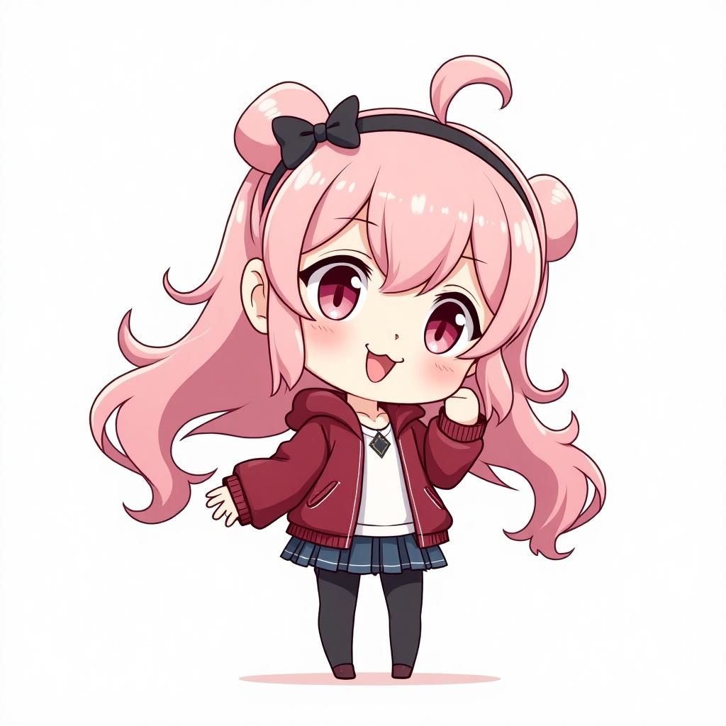 Anime character design of a cheerful chibi woman with pink hair. She wears a stylish outfit including a sweater and skirt. The character has a bright expression. The style is vibrant and appealing.