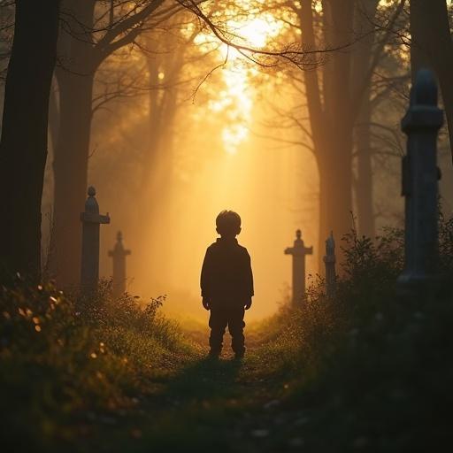 Child stands in graveyard surrounded by gravestones. Golden light shines through trees creating a soft glow. Atmosphere evokes serenity and contemplation.