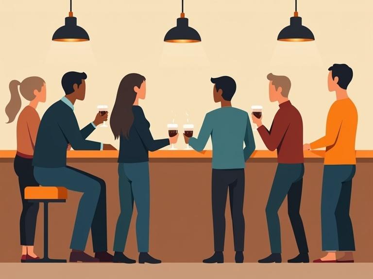 Vector illustration of faceless human figures at a bar. Characters with different ethnicities, modern clothing. Stylized and minimalist art style. Simple shapes and colors. Background has minimal detail.