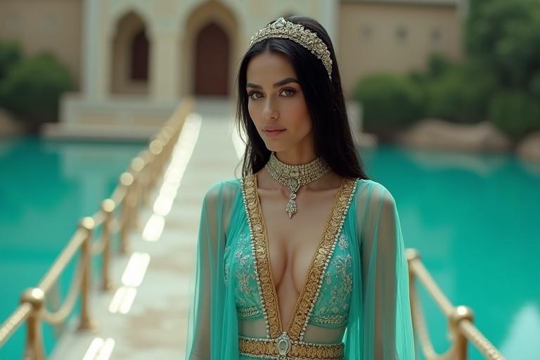 Camera positioned behind subject showcasing a princess in turquoise arabian attire with gold embroidery. The setting features a bridge leading to a temple over a lake. Subject walks with a calm expression. Water reflects surroundings.