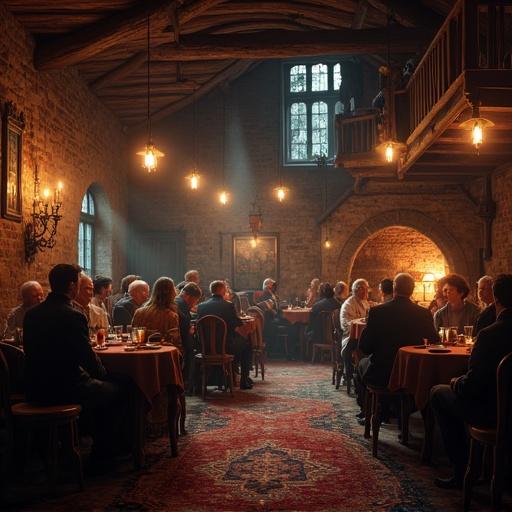 Image of a medieval inn interior, patrons sitting around tables, drinking and socializing, rich details in decor, warm atmosphere.