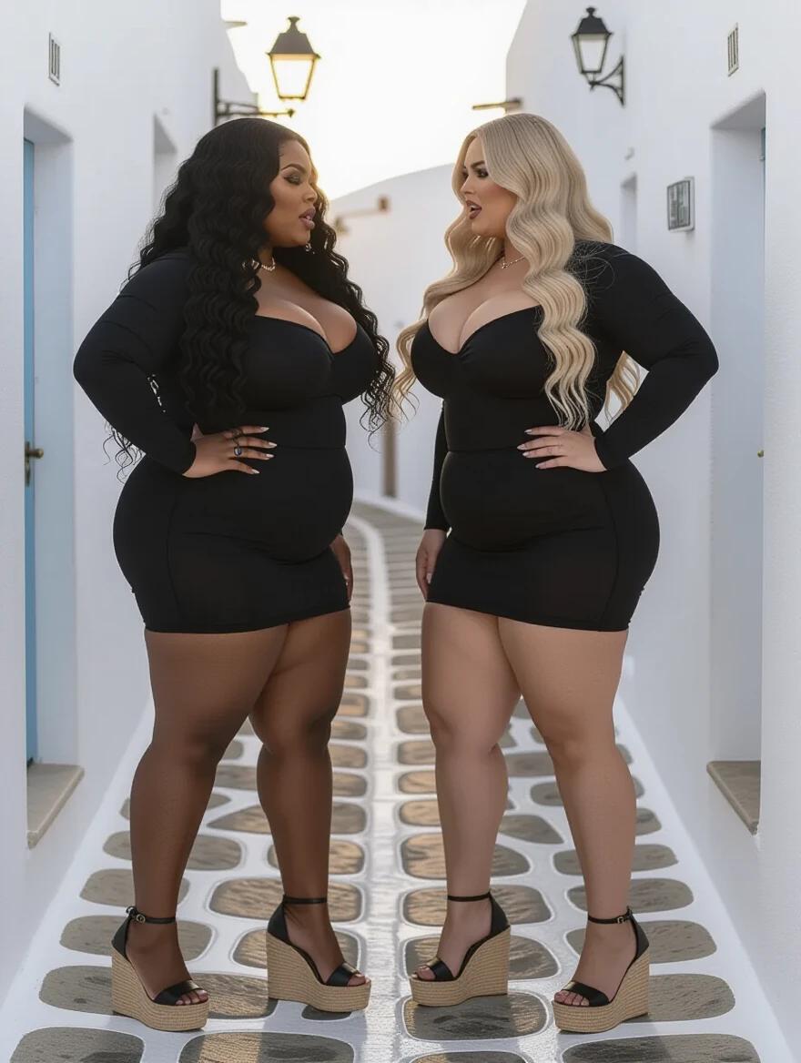Two thick women standing closely in a Mykonos alley. One has dark skin and black curly hair. The other has light skin and long blonde wavy hair. Both wear black tight dresses and high heels. They appear to be in a close argument at sunrise.