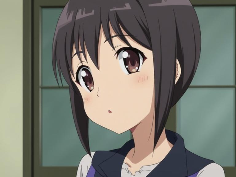 Character with short dark hair and large eyes. Expressive face showing curiosity. Set in a warm indoor environment. Close-up angle with focus on facial expression.