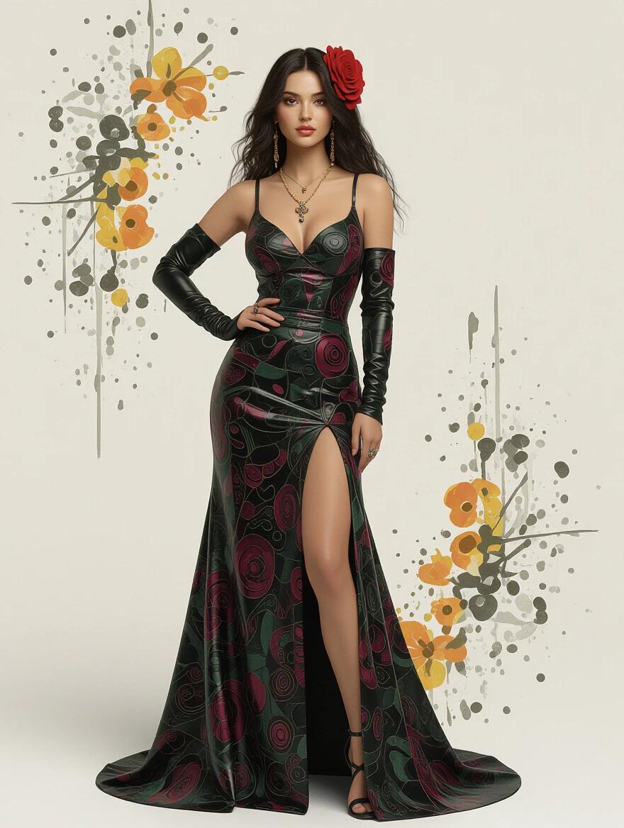 A full body figure in a glamorous, long, black and red dress with floral patterns. Model has a rose in her hair and long gloves. Background features abstract flowers and shapes.