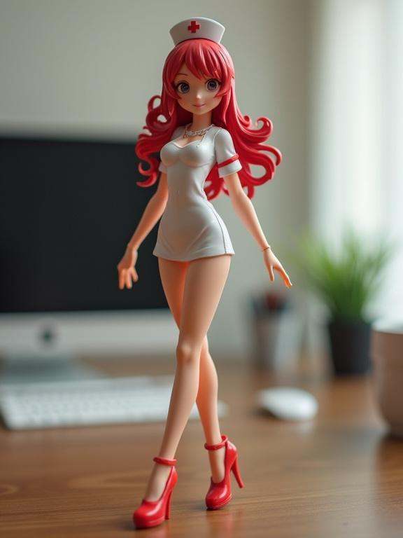 Anime figurine of a nurse with a playful and flirty pose, wearing high heels, displayed on a desk. The image is pixelated and low-resolution with soft edges and slight color saturation.