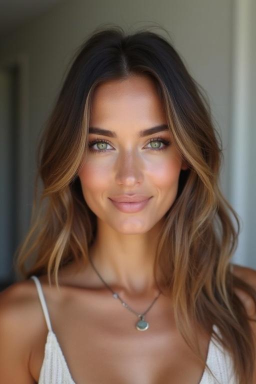 Image shows a female presenting person with long hair. The person is wearing a simple white top. The background is softly blurred suggesting a quiet indoor setting. Natural light bathes the subject highlighting their features. The focus is on the hairstyle and neckline.