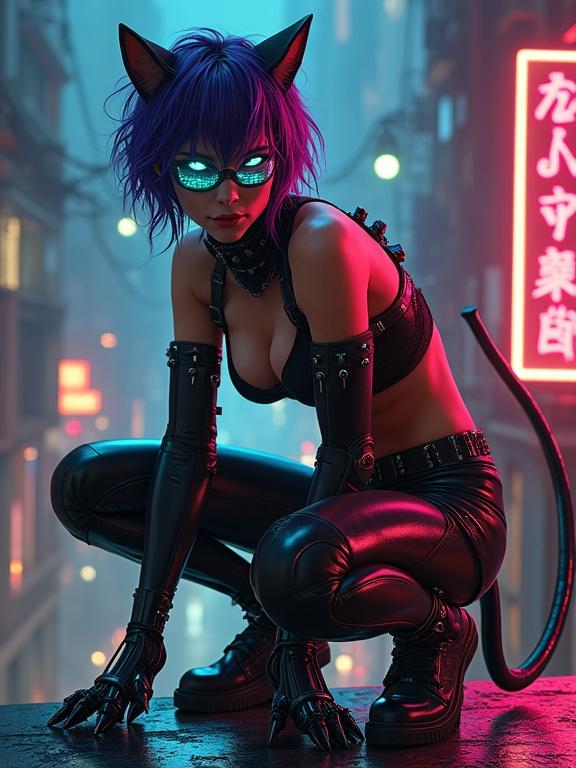 Fantasy woman in cyberpunk style crouching on ledge. Sleek design with neon accents. Feline agility and confidence in posture. The atmosphere of a gritty neon city. Embodying strength and allure. High-tech gadgets highlighted in character's look. Wearing fitted apparel that showcases form. Background filled with dystopian urban imagery. Character ready to leap into action. Reflects a dark, adventurous aesthetic.