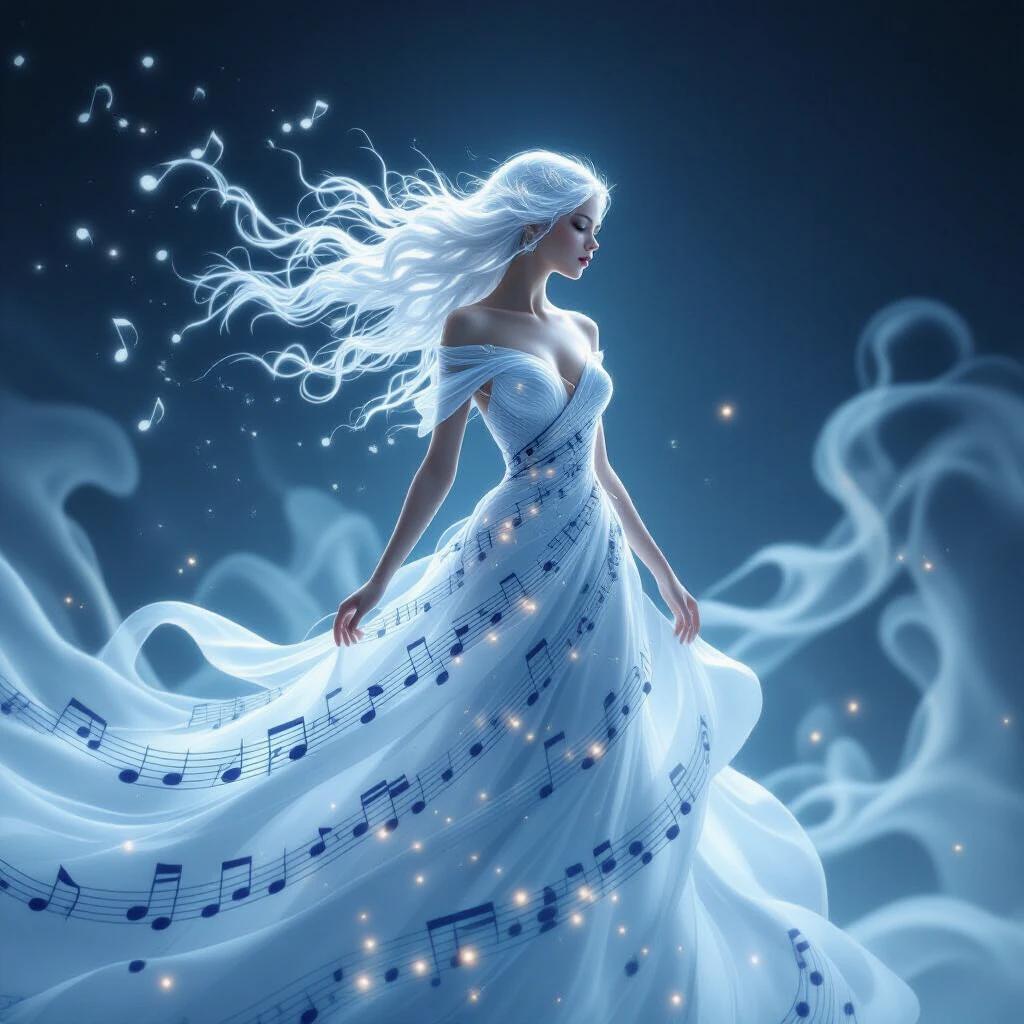 A woman made of musical notes is dancing. Her dress flows elegantly. The atmosphere is dreamlike and luminous. Mist surrounds her, creating a soft glow. The textures appear airy and delicate. This image evokes a sense of celestial beauty and elegance.