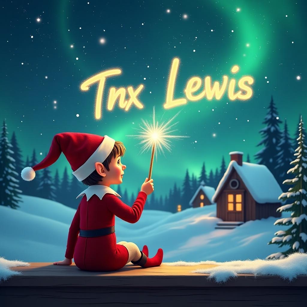 An elf sits on a wooden ledge gazing at a magical sky. The elf is dressed in a red outfit with a pointed hat. The elf holds a sparkling wand, writing 'Tnx Lewis' in the starry sky. The background features a snowy landscape with charming little houses and evergreen trees under the shimmering Northern Lights. The scene captures the essence of childhood magic and Christmas cheer.