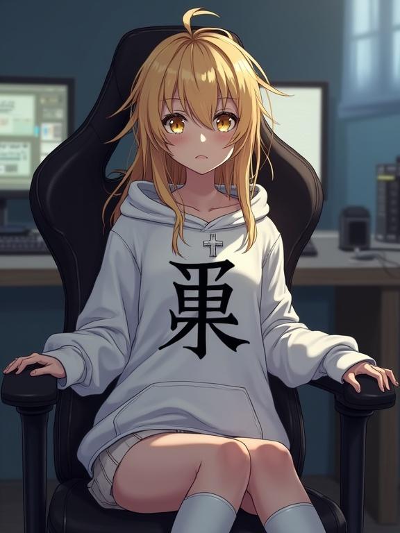 Anime character depicted in an oversized hoodie with Tokyo Ghoul kanji. Golden blonde hair with light freckles and golden yellow eyes. Sitting in a gaming chair in a dimly lit room, gazing at the viewer.