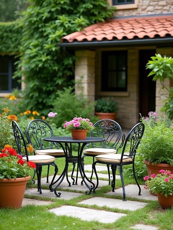 Charming garden scene featuring a black wrought iron patio set with cushions surrounded by colorful potted plants. Stone pathway leads to a rustic house with a red-tiled roof and climbing vines. Vibrant flowers and lush greenery create a cozy atmosphere.