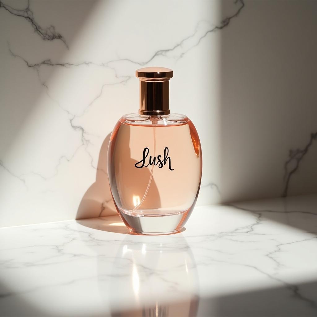 Elegant perfume bottle named 'Lush' against marble countertop. Features minimalist design, rose gold lid, gold lettering. Soft lighting enhances contours. Shadows emphasize shape and luxury appeal. Ideal for advertising high-end products.