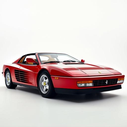 Highly realistic depiction of a 1984 Ferrari Testarossa with original styling, featuring high quality paintwork. The focus on performance and luxury is clear. Image captured in a well-lit studio setting.