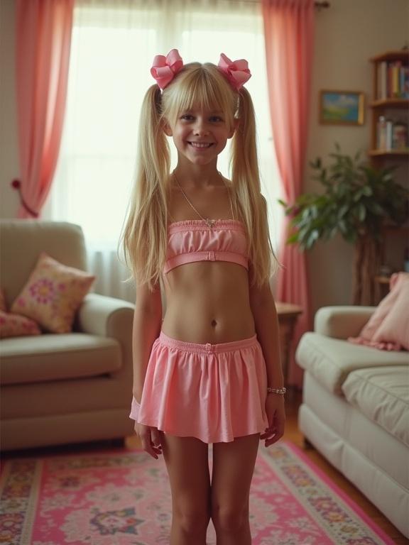 Portrait of a young girl in a pink outfit with long blonde hair and bows in a living room. Cheerful pose, slim figure, bright colors, playful atmosphere, indoor setting, colorful rug.