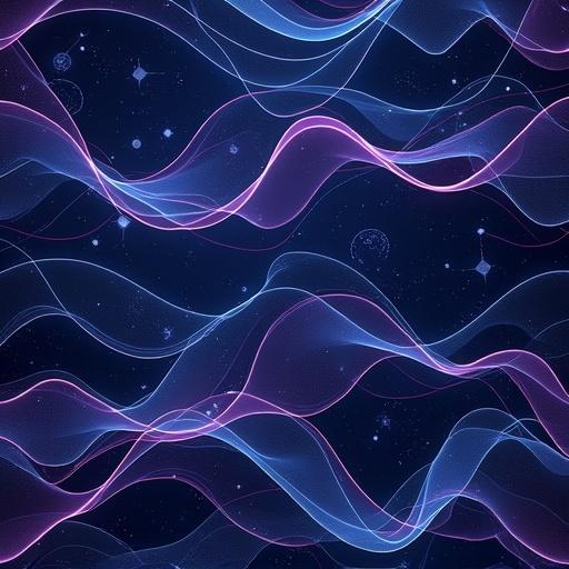 Design seamless repeatable pattern of abstract waveforms and organic neural lines. Inspired by AI and soundwaves. Elements evenly distributed. Flow smoothly across tile edges. Color palette includes electric blue, purple, silver. Background is transparent. Style shows modern digital minimalism with soft glow and fine grain.