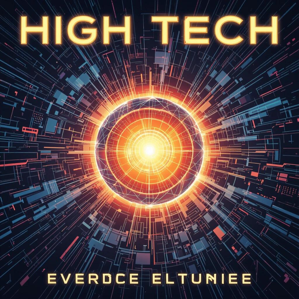 Artwork for a high-tech album. Features vibrant colors and abstract digital patterns. Central glowing orb surrounded by dynamic radial lines.
