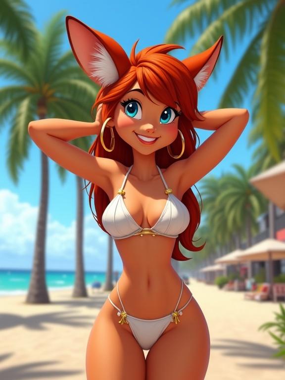 Confident female fox character with red hair in a bikini poses on a palm-lined beach. Large blue eyes, hoop earrings, playful expression. Bright summer day with vivid skies and gentle shadows.