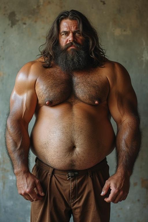 A large muscular man standing confidently with a beard and prominent chest in a casual setting.