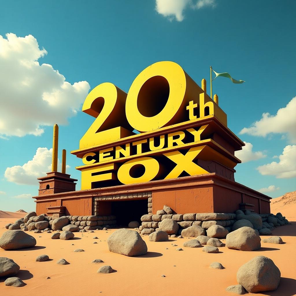 Destroyed 20th Century Fox logo in a barren desert. Weathered structure surrounded by rocks and sand. Bright yellow letters contrast against blue sky and fluffy clouds.