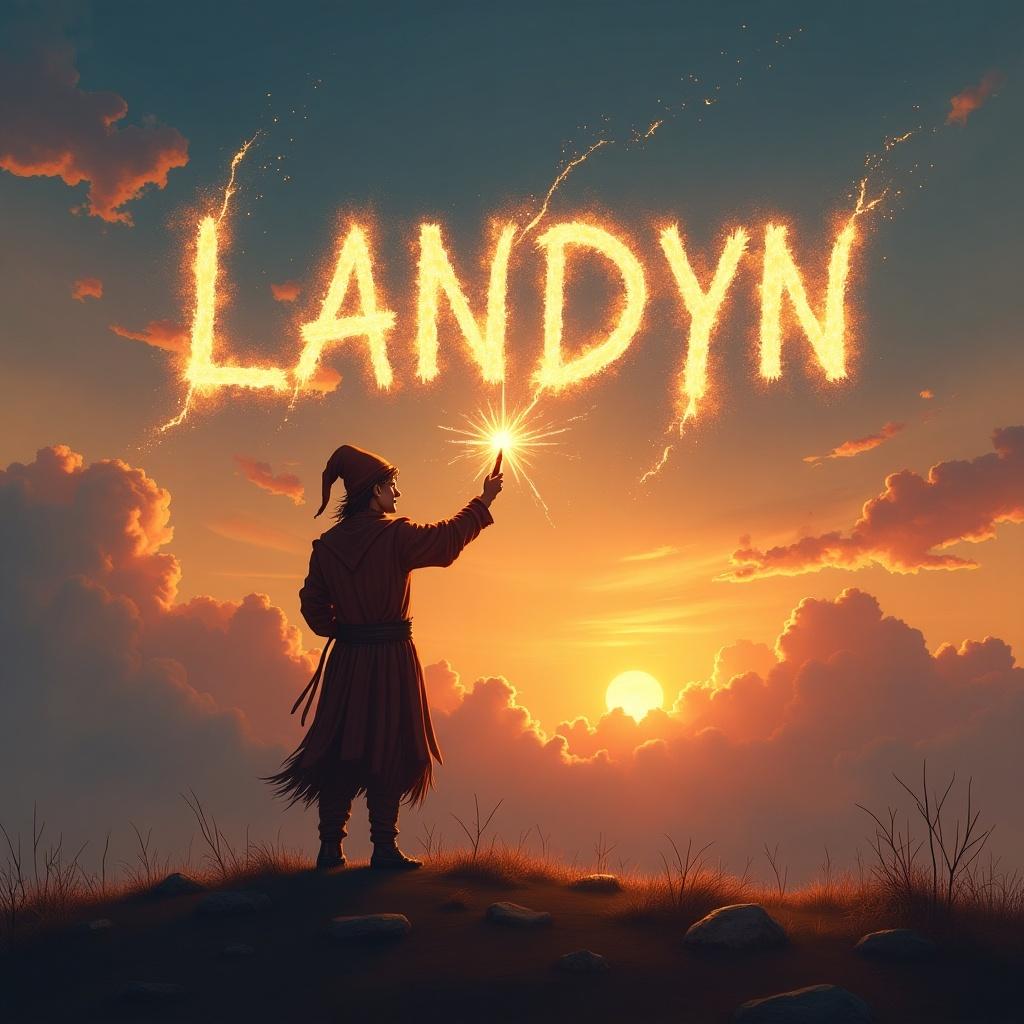 An elf stands atop a grassy hill, facing a vibrant sunset. The elf, dressed in a traditional fantasy outfit, is casting a magical spark that forms the name 'LANDYN' in the sky. The clouds are tinted in shades of orange and purple, creating a warm, enchanting atmosphere. Below, the sun is setting on the horizon, adding to the magical ambiance. This scene evokes a sense of adventure and wonder, inviting viewers to imagine the story behind the magic.