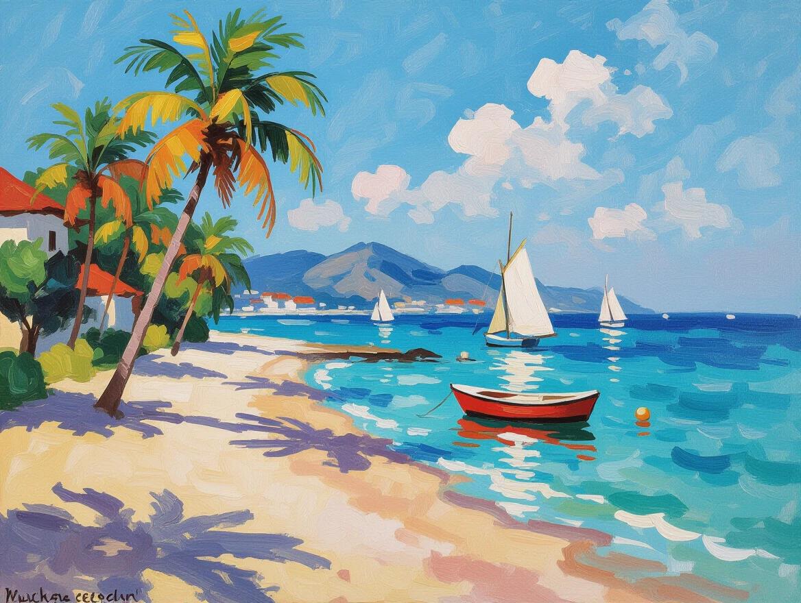 Oil painting captures a vibrant beach scene. Large brush strokes emphasize details. Shows palm trees and a red boat in clear water. Style reminiscent of Claude Monet. Y2K influence evident. Evokes feelings of relaxation and joy. Tropical paradise setting with sailboats in the distance.