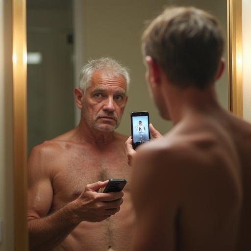 A mature man takes a mirror selfie in a bathroom. He holds a smartphone and looks at the screen with a thoughtful expression. His torso is bare, and the surroundings are softly lit.
