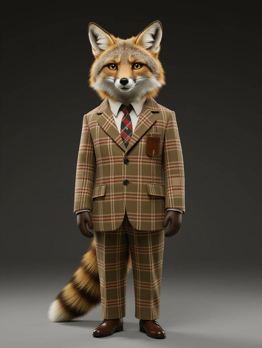 A full-length portrait of a fox in a plaid suit. The fox stands upright with authentic 1968 fashion details. The posture is realistic. The background is dark to emphasize the character. The image has a vintage film quality. The details include texture in the fur and the suit, with cinematic lighting enhancing appearance.