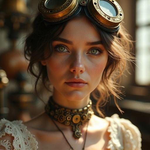 Close-up portrait of a young woman with delicate features. She wears intricate steampunk goggles in her wavy hair. Her neck is decorated with an engraved brass choker. The background shows a bustling Victorian workshop with machinery. Soft golden light enhances her vintage look. The delicate lace of her dress creates elegance.