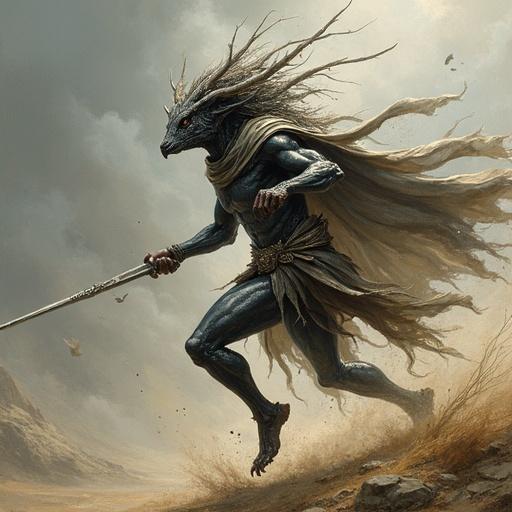 Painting features a quickling lord humanoid with metallic skin. Creature has swift posture. Wields a spear. Dynamic action pose. Showcases speed and power in battle. Characters rise to power in mythical realm.