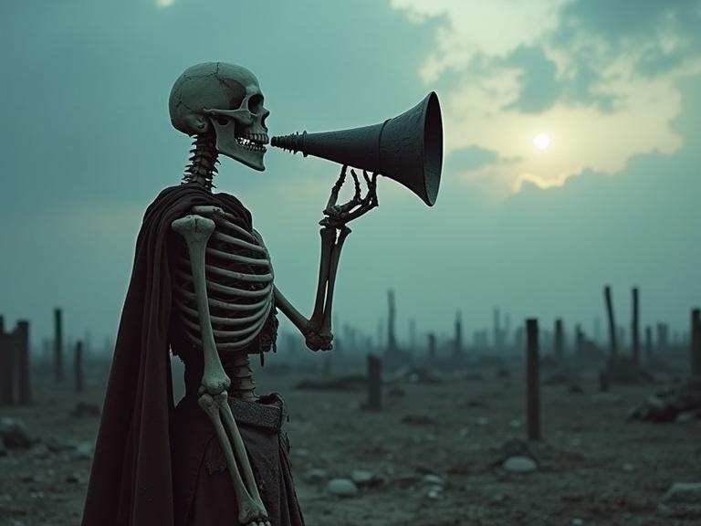 A skeletal warrior stands on a barren battlefield. He raises a bull's horn to his lips. The scene is desolate with remnants of a battle. The warrior wears tattered armor. He blows a mournful blast into the horn. Moonlight breaks through clouds casting dramatic light. The colors are muted and desaturated. The image evokes a sense of loneliness and loss.