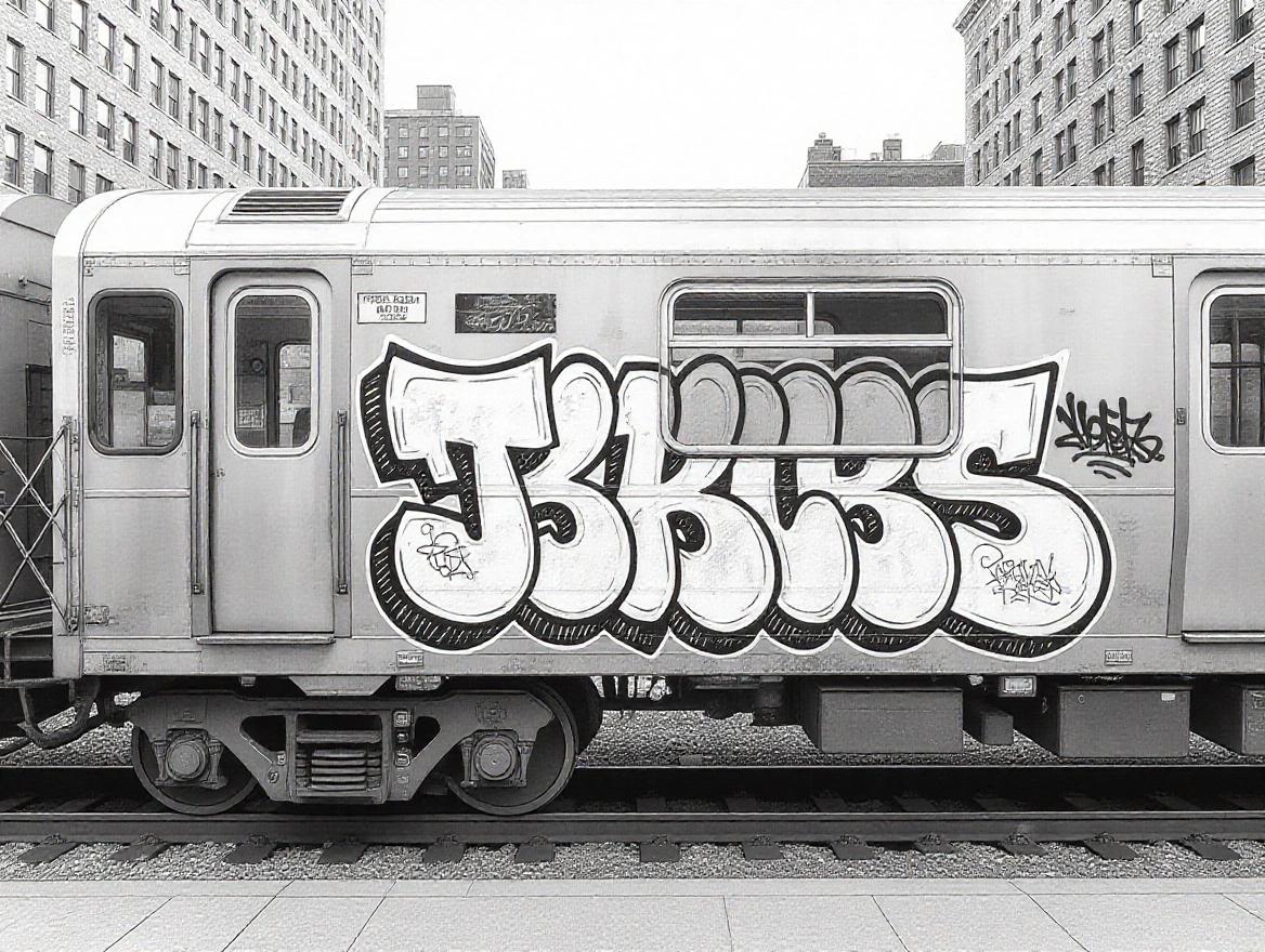 Black and white sketch style page for graffiti practice. Realistic urban background showing subway train car side view. Train completely clean with a large empty surface left blank for users to draw graffiti. No tags, stickers, or text. Realistic subway details like doors, windows, and metallic texture. Vertical format, pencil or ink sketch style.