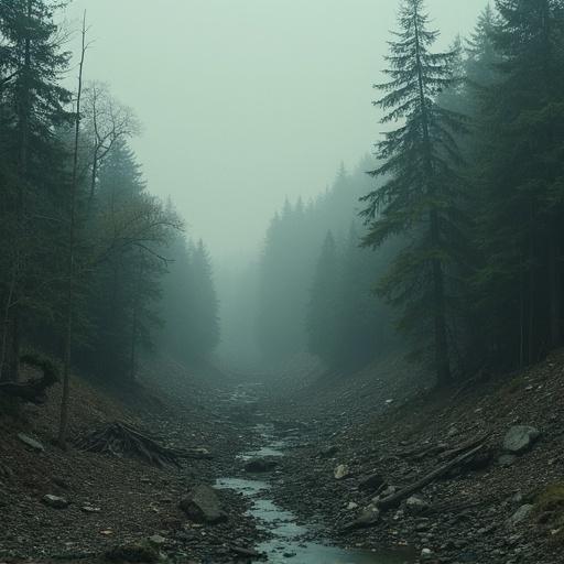 A scene depicting a survivor among destroyed nature. A foggy forest with a narrow stream surrounded by tall trees, illustrating a somber environment.