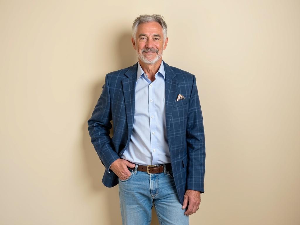 The image features a middle-aged male dressed in a blue plaid blazer over a light-colored shirt, paired with casual light blue jeans. He stands against a plain beige wall, with his left hand resting on his hip, giving a relaxed pose. The composition is clean and professional, with soft, diffuse lighting enhancing the subject's attire and the wall texture. The subject has neat, combed, light-colored hair.