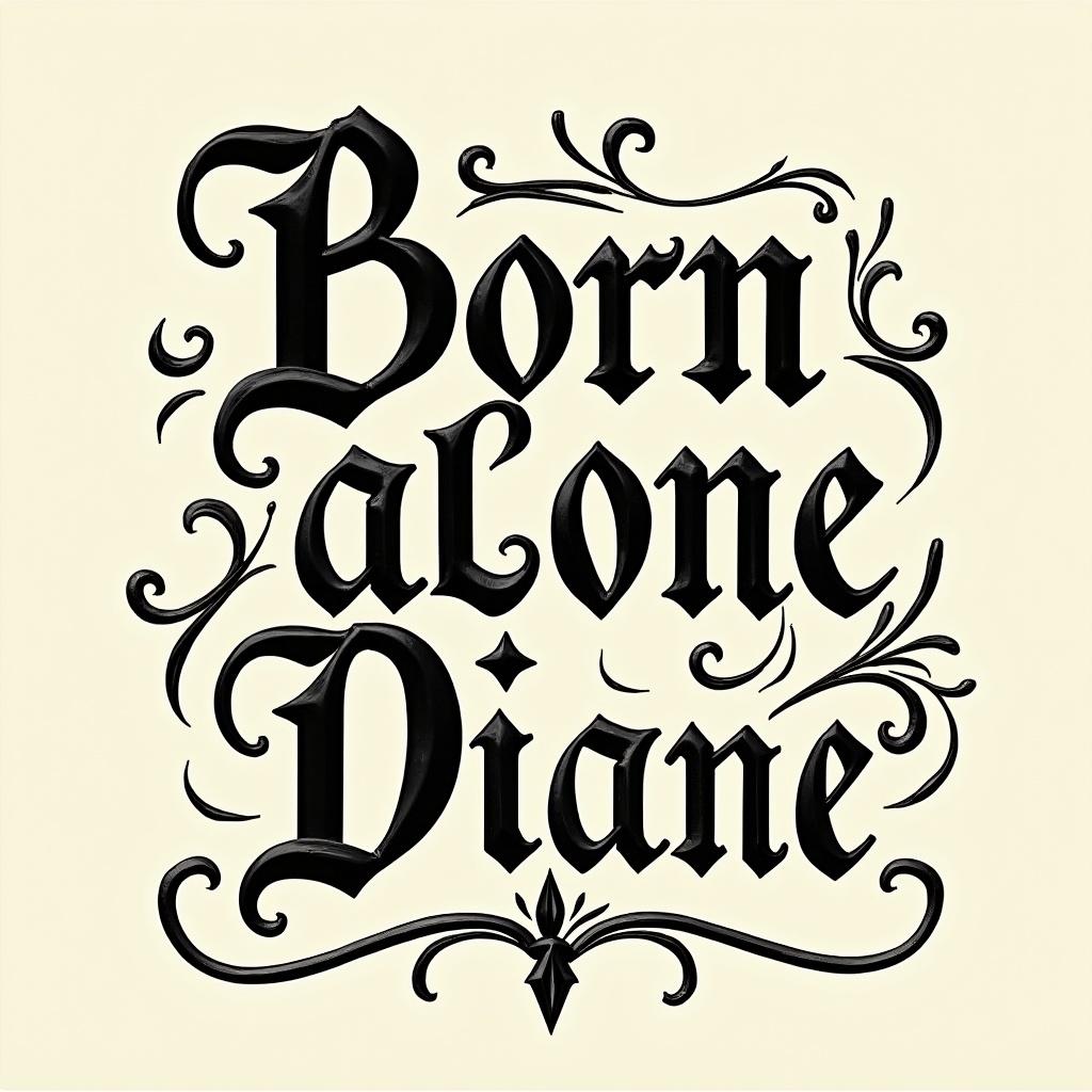 This image features the phrase 'Born alone, Die alone' in a medieval handwritten style. Typography showcases classic lettering with flourishes. Letters are black with a glossy finish on a cream background. Surrounding text are decorative elements. Suitable for branding and invitations.