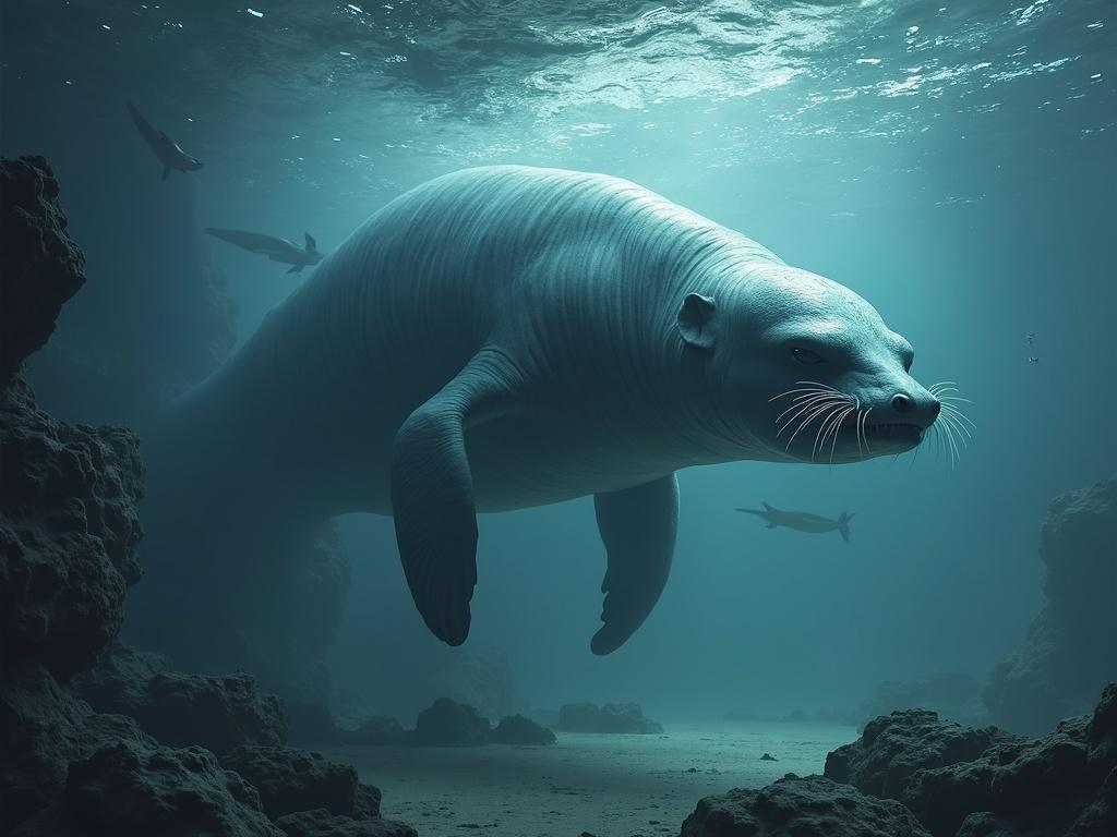 A close-up portrait of a sealion in water. The sealion has soft fur and big expressive eyes. It's partially submerged with bubbles around.