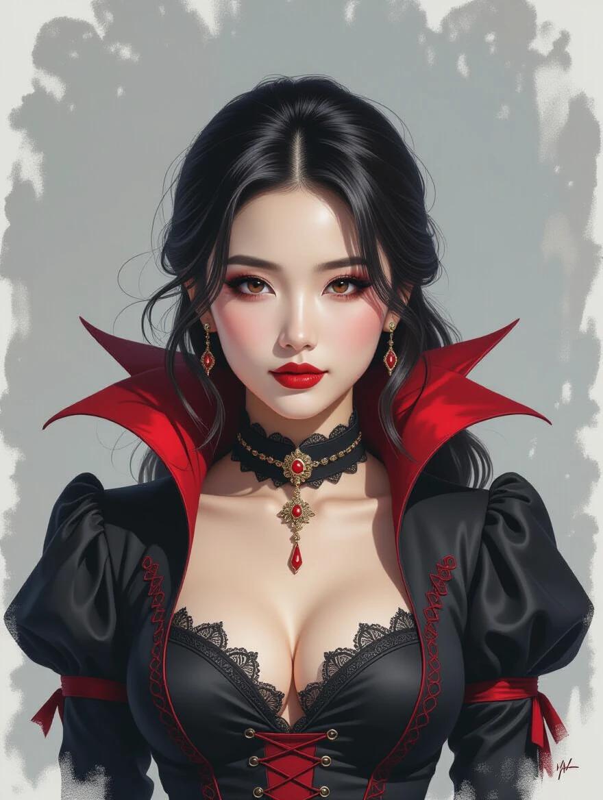 Portrait of a captivating Asian female dressed as a vampire in an urban fantasy setting with a gothic atmosphere