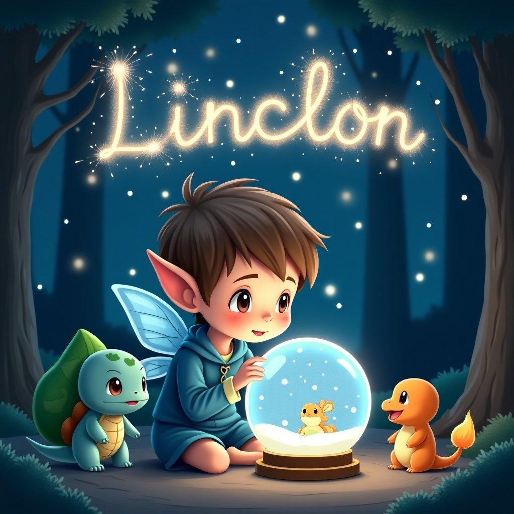 A whimsical scene featuring a pixie elf boy named Lincoln with Pokemon friends including Bulbasaur and Charmander. The elf has short brown hair and is sitting at night in a forest, gazing into a snow globe. The night sky is filled with stars, and the name 'Lincoln' glows with sparkler-like effects. The elf has wings and wears blue attire, creating a magical atmosphere.