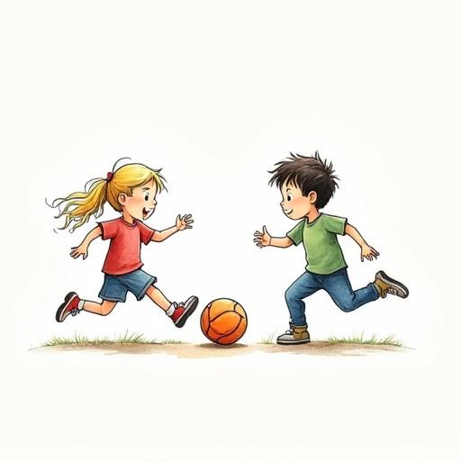 Children drawing depicting two kids running while playing with a ball. They are separate from each other and smiling, showing joy in a playful moment.