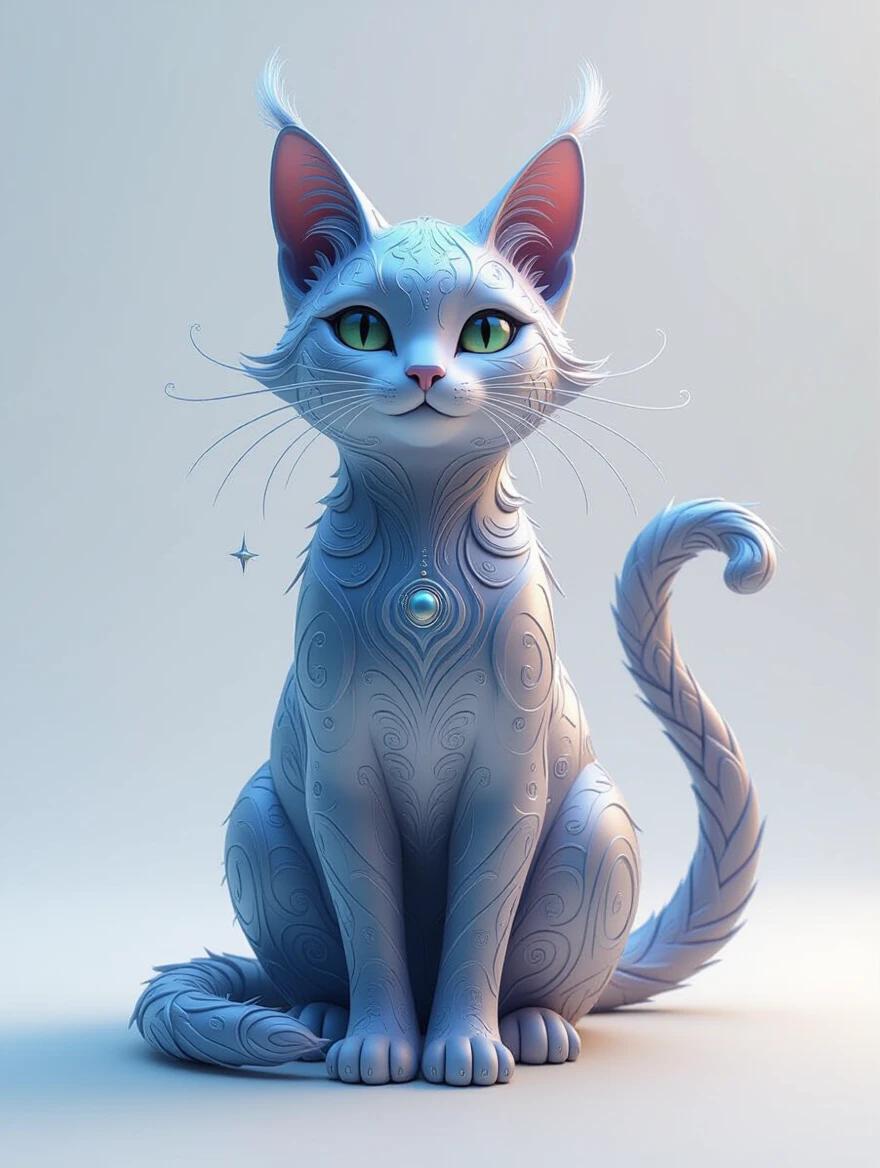 Cat-shaped figure made of galaxies and stars. Iridescent colors with intricate details. The cat has a stylized design and bright green eyes. Cozy and serene ambiance.