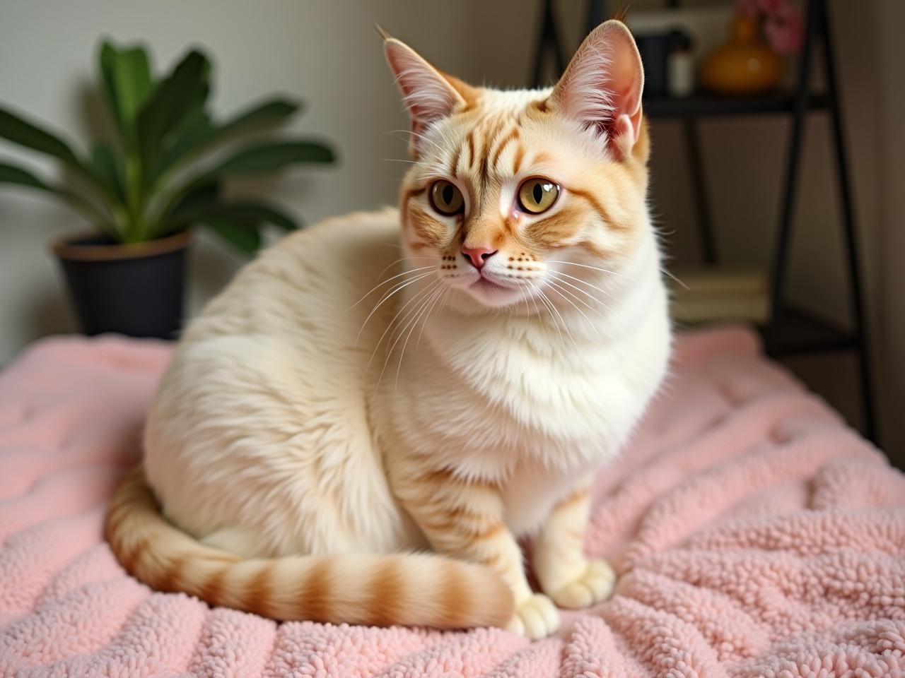 The image shows a cat sitting comfortably on a soft pink blanket. The cat has a cream-colored fur with a slight beige tint on its ears and tail. It is looking straight ahead with a calm demeanor, surrounded by a cozy home environment. In the background, there are hints of greenery and some home decor items. The overall atmosphere of the image is warm and inviting.