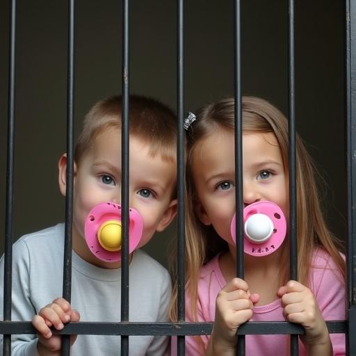 Two ten year old children a boy and a girl smile in a play cage. They have oversized pacifiers in their mouths. Mother playfully locks the cage pretending to swallow the key.