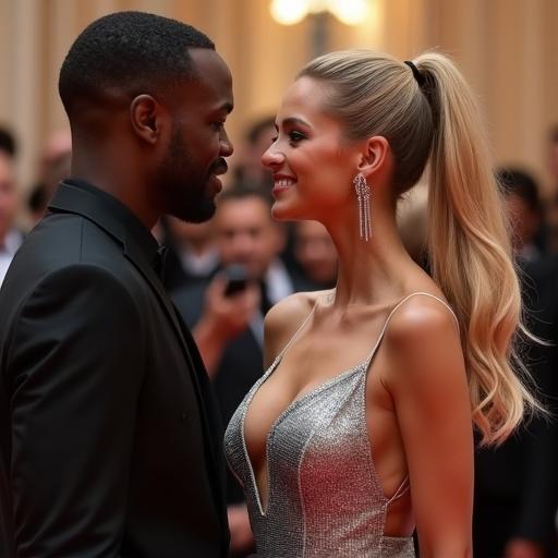 Gorgeous busty woman at an awards show with a new boyfriend. Elegant silver dress with impressive cleavage detail. Photorealistic image. 