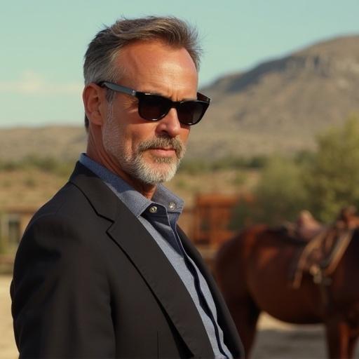 Portrait of a man wearing sunglasses and a suit in an outdoor setting