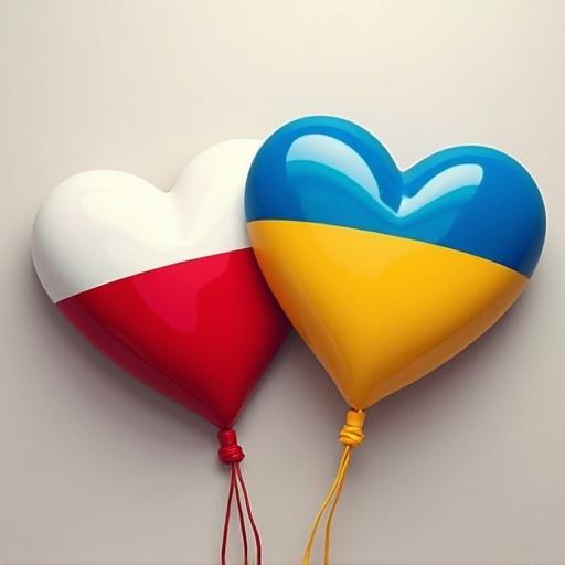 Digital illustration of two glossy hearts colored in Poland and Ukraine flags. Represents friendship and solidarity. Dynamic view and movement create energy.