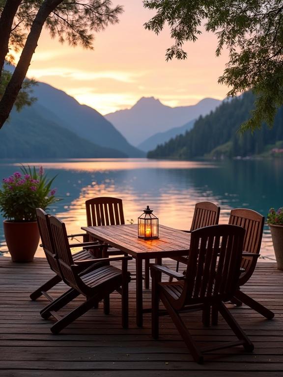 Serene lakeside view with rustic outdoor setting at sunset. Chairs arranged around a wooden table on a deck. Mountains in the background reflect on the lake's calm surface. Lanterns glow softly enhancing tranquil ambiance. Flowers in pots add color to natural scene.