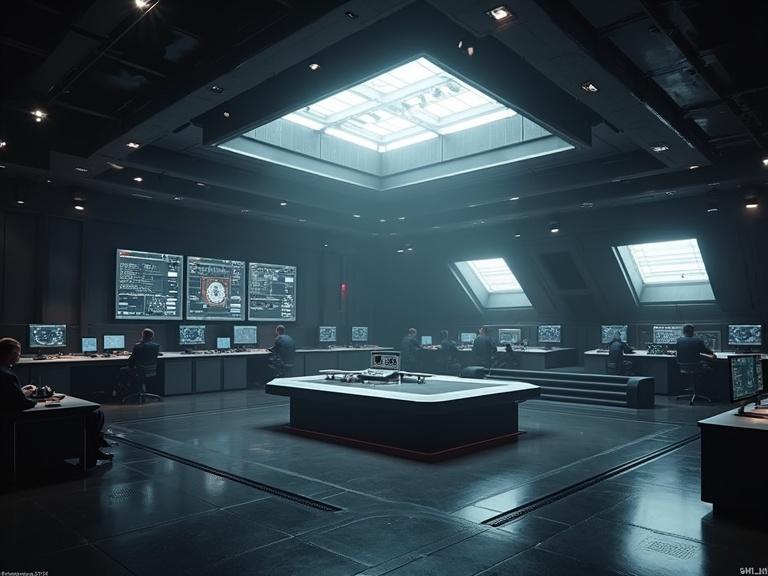 Create an image of a sci-fi command center. Interior features dark smooth surfaces with low ceilings. There are monitors and a central white rectangular table. The setting is dimly lit with bright screens. Include military personnel in navy uniforms. The atmosphere is dark and atmospheric.