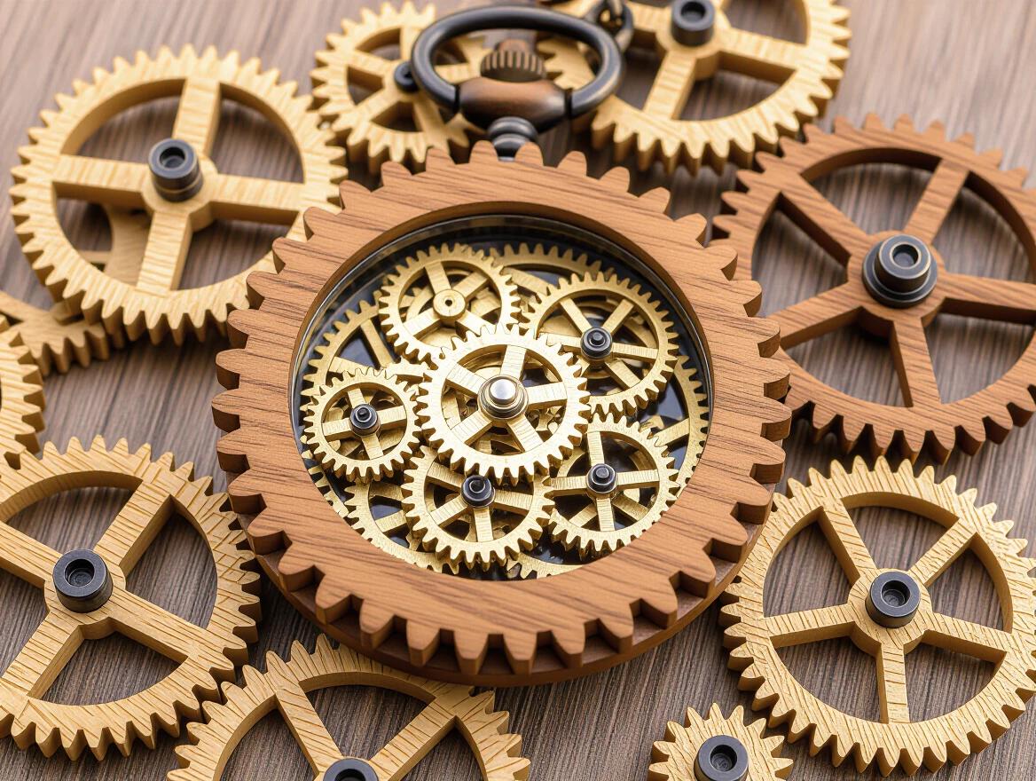 Aged wooden gears and cogs form a wooden pocket watch. Gears are intricately linked together. The watch has a glass cover showing the inner mechanics. Background has wooden texture. Focus on the craftsmanship of the wooden parts.
