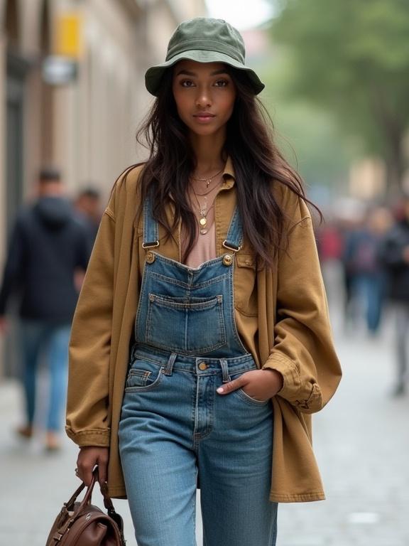 Young woman, wearing weighted clothing, casual look with denim overalls and a brown shirt. Hair loosely styled under a worn bucket hat, walking in an urban setting. Confident posture and vivid green eyes reflect strength and natural beauty, visible signs of fatigue but striking presence.