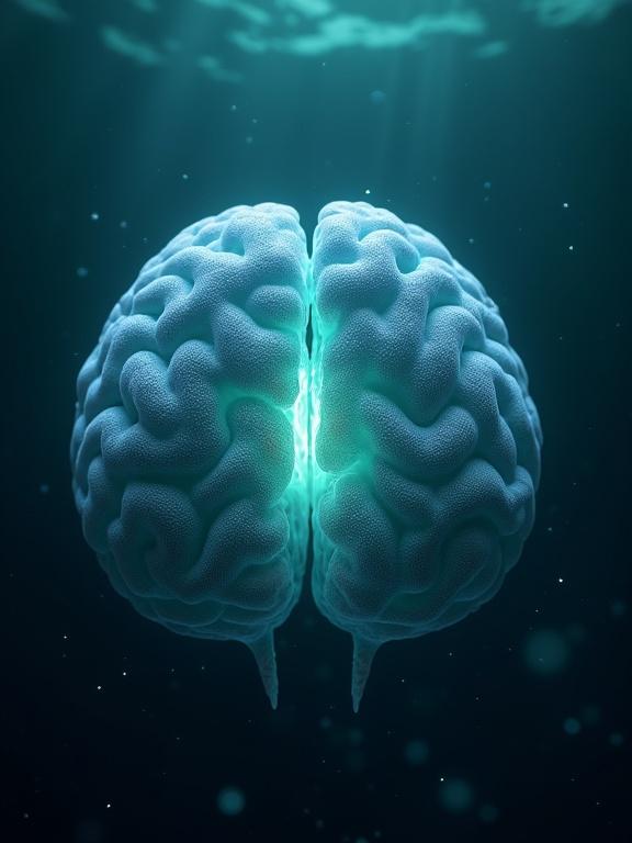 Image depicts a highly realistic sea cucumber cut in half lengthwise. Textured skin appears rough and moist. Inside one half shows gel-like translucent structure. Delicate glowing fibers intertwine. It represents the brain forming with a soft blue glow. Other internal organs are vaguely visible. Background is deep dark ocean with blue and emerald tones from bioluminescent dots. Faint rays of light filter from distant surface. Text reads: '¿¡CEREBRO NUEVO!?' at the top and 'Este animal se REGENERA completo' at the bottom.