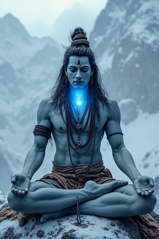 Hyper-realistic 3D portrait of Lord Shiva meditating in snowy Mount Kailash. Ash-covered body and glowing blue throat (Neelkanth). Dressed in a tiger skin garment with a trishul beside him. Snow falling and misty mountains in the background. Intense detail in face and eyes with a sacred energy glow.